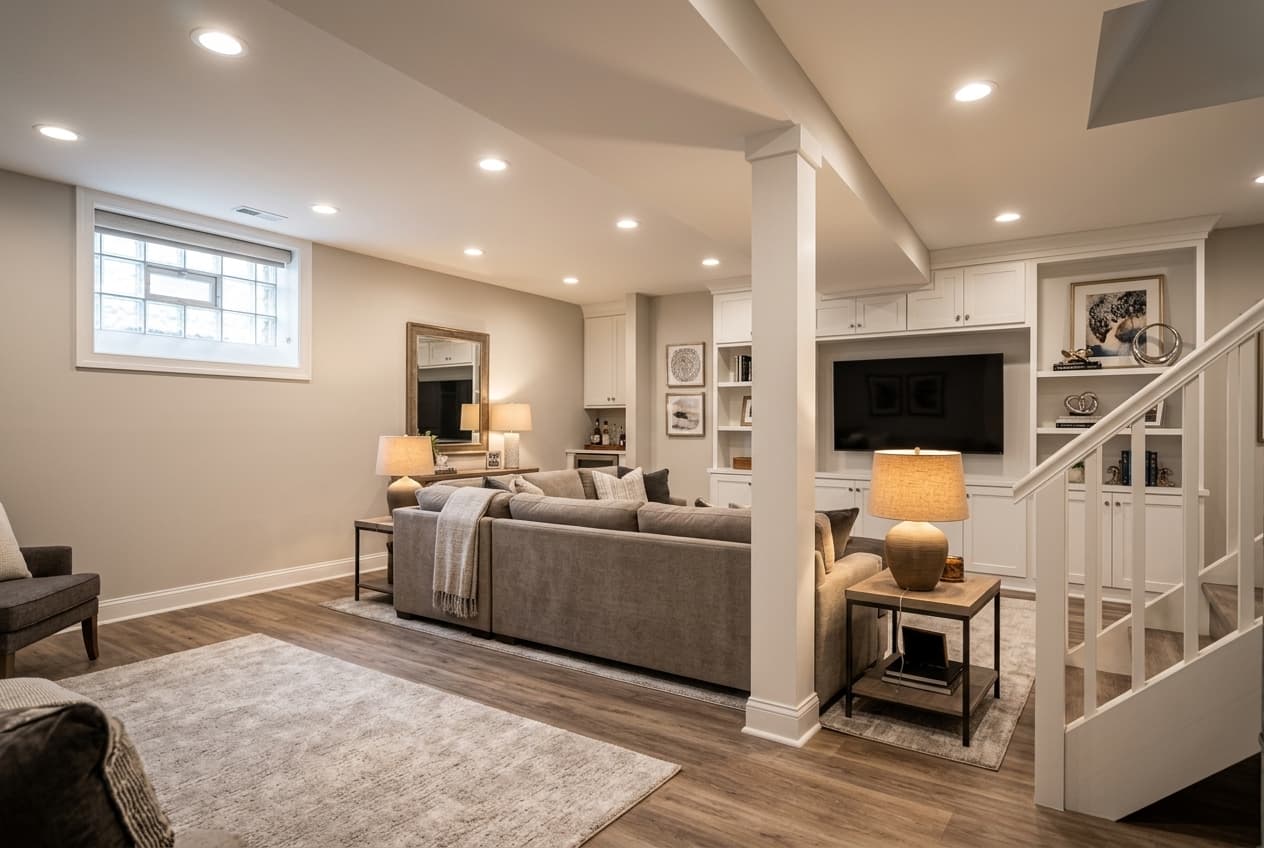 Design concept of a finished basement family room with built-ins, sectional seating, and warm lighting